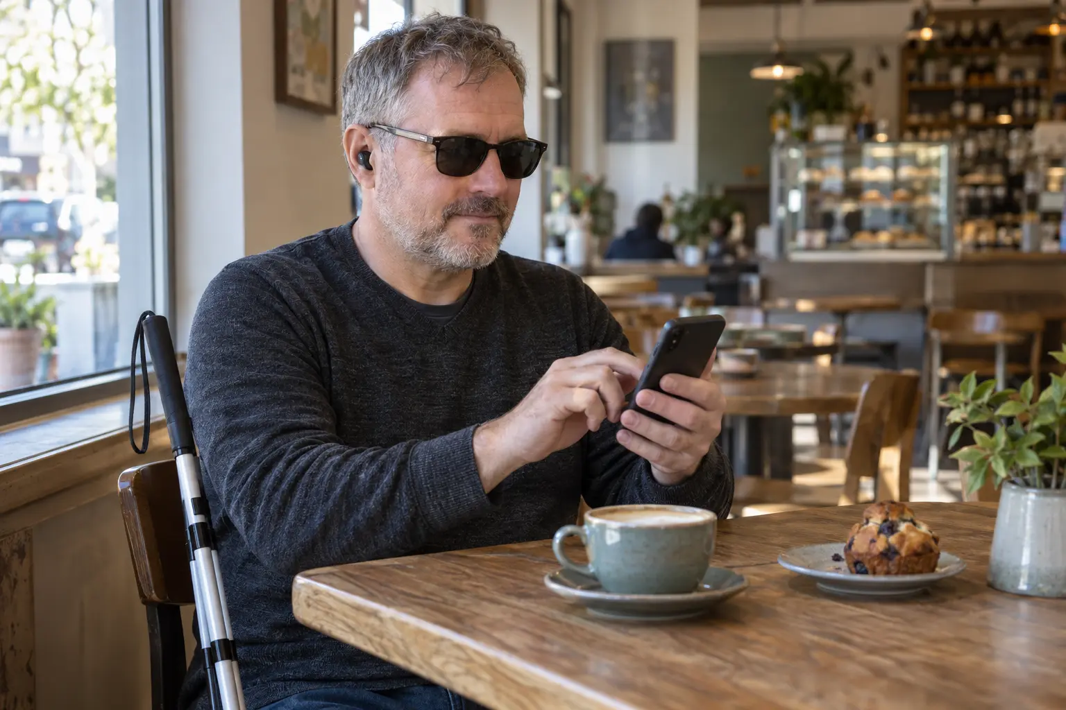 A blind man using a smartphone with a folded white cane beside him at a neighborhood café.