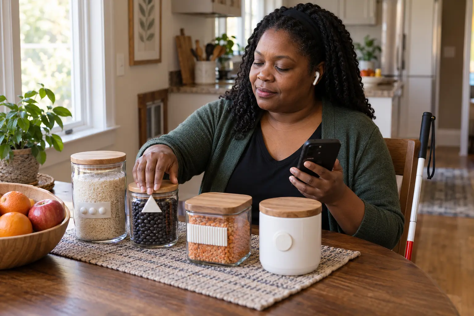 A blind woman using tactile labels and a smartphone to organize everyday items at home.