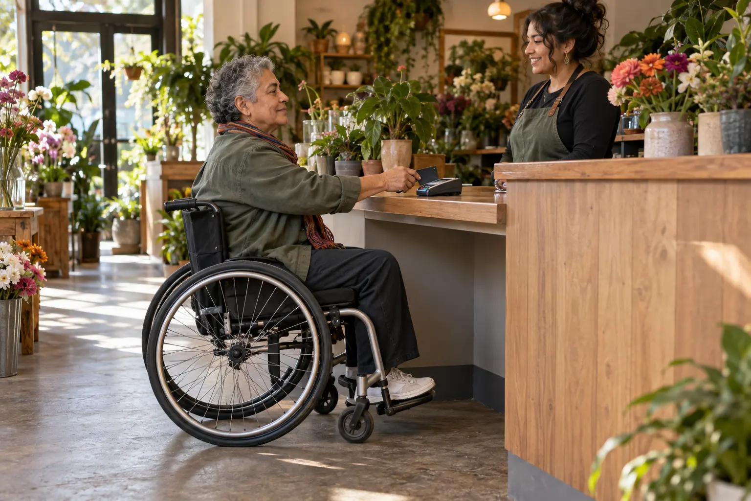 A wheelchair user receiving service at a welcoming neighborhood business.