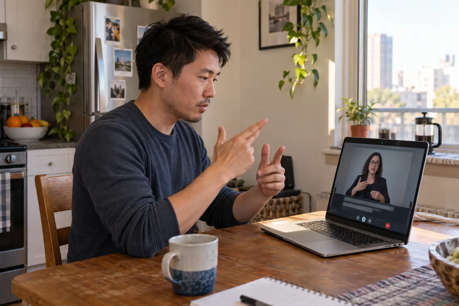 A Deaf adult participating in an accessible video conversation at home.