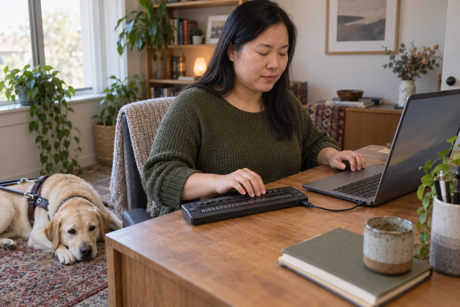 A blind woman working independently with a refreshable braille display while her guide dog rests nearby.