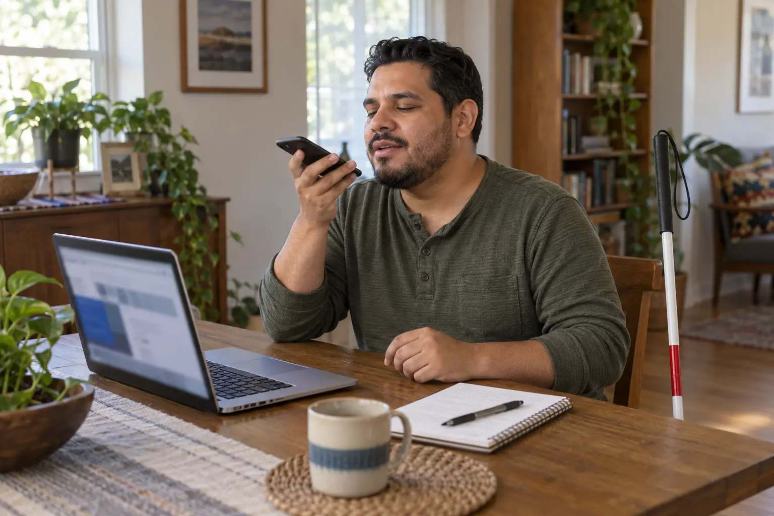 A blind man recording a voice note to document a website-access barrier.