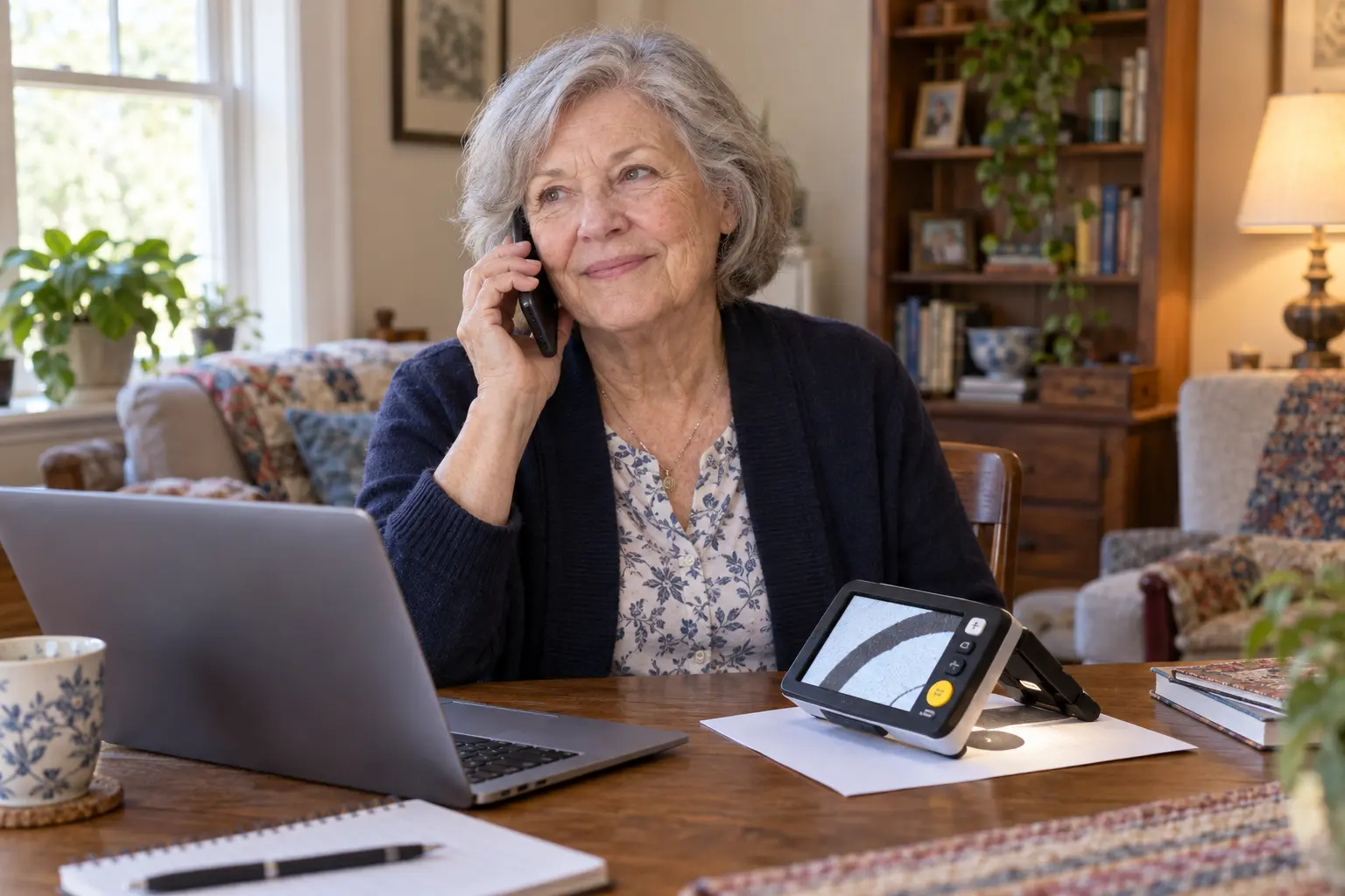 A woman with low vision having a calm phone conversation beside her computer and electronic magnifier.